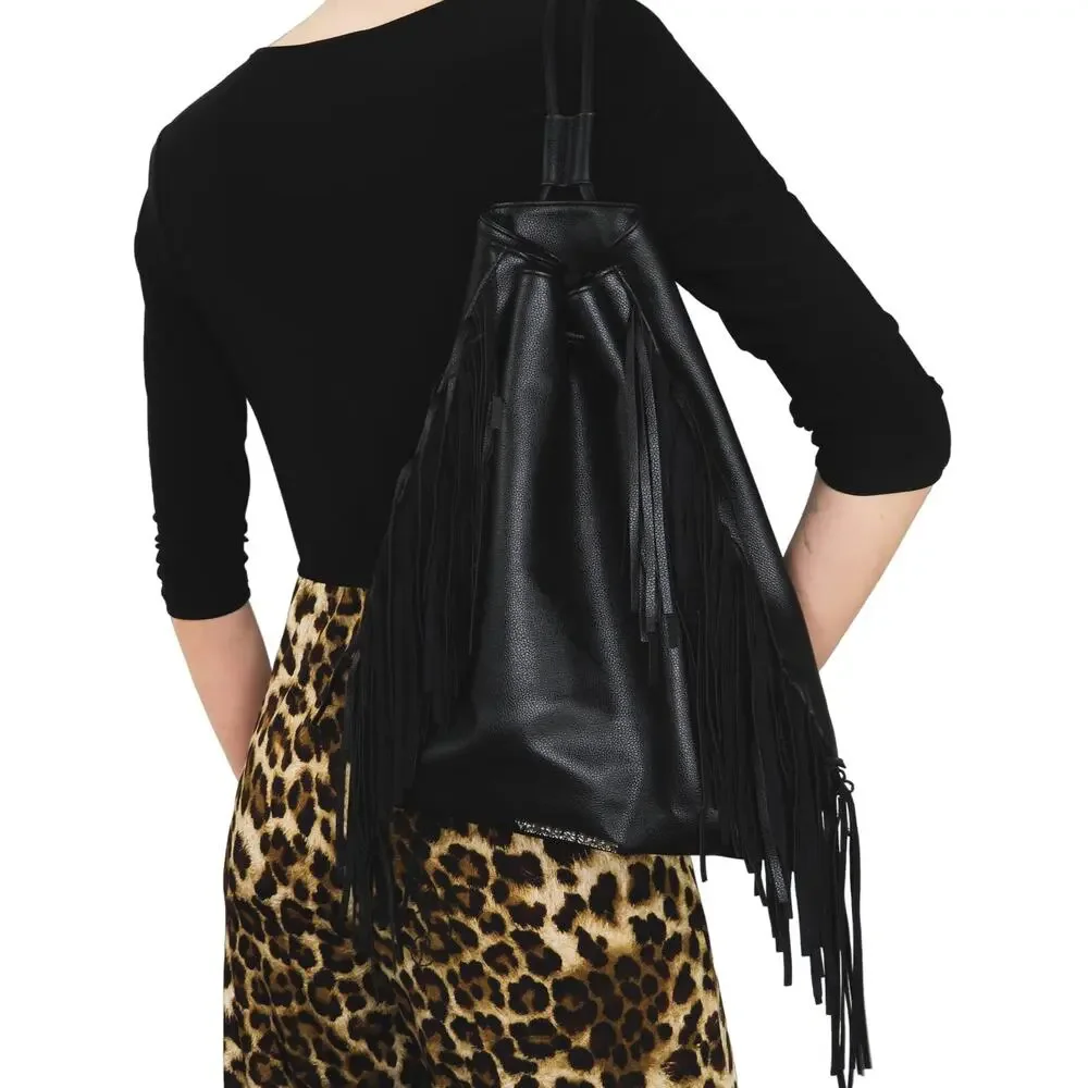 Y2k Victoria’s Secret Black Faux Leather Drawstring Tassel Backpack